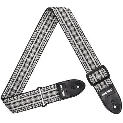 AMUMU Hootenanny Embroidery Guitar Strap Black White -CO05E-GY